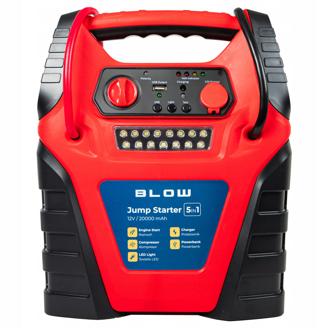 Jump Starter 5w1 Blow, funkcja kompresora, prostownika i powerbanka, akumulator 12V 20000mAh, prąd - rozruchowy 400A szczytowy 900A, posiada bezpiecznik przeciążeniowy, 81-210#