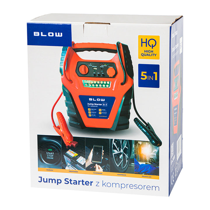 Jump Starter 5w1 Blow, funkcja kompresora, prostownika i powerbanka, akumulator 12V 20000mAh, prąd - rozruchowy 400A szczytowy 900A, posiada bezpiecznik przeciążeniowy, 81-210#