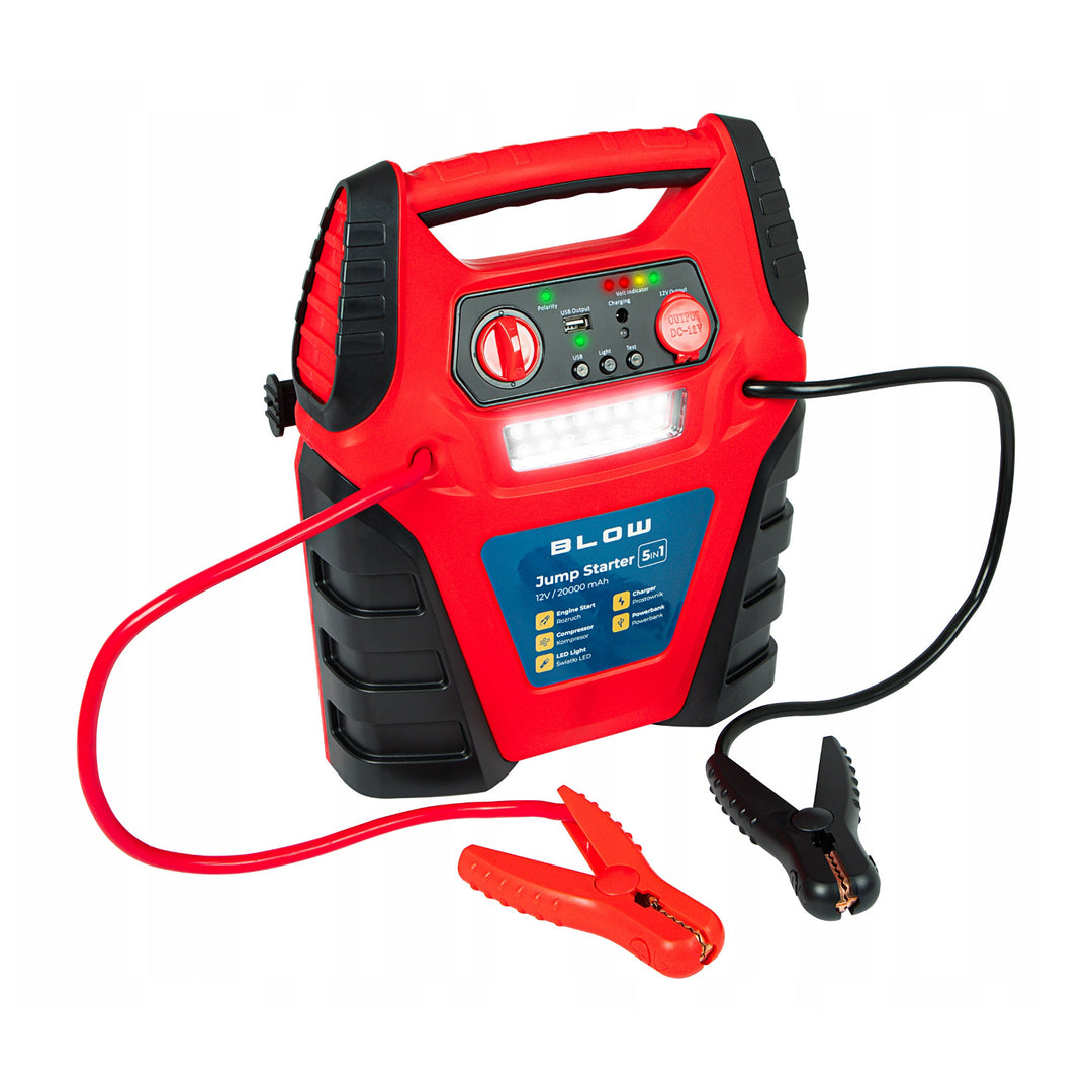 Jump Starter 5w1 Blow, funkcja kompresora, prostownika i powerbanka, akumulator 12V 20000mAh, prąd - rozruchowy 400A szczytowy 900A, posiada bezpiecznik przeciążeniowy, 81-210#