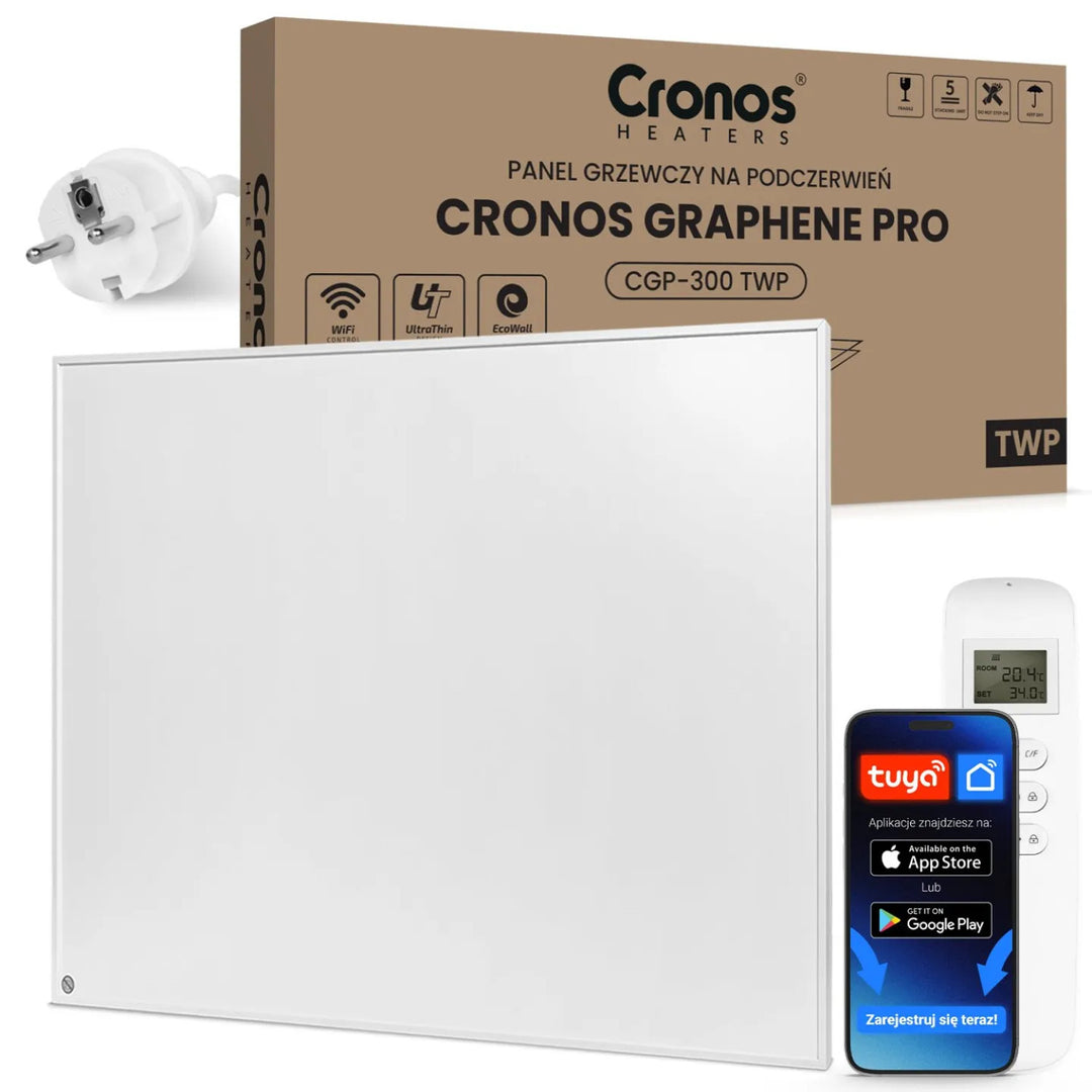Panel grzewczy na podczerwień Cronos Graphene, moc 300W, Kolor biały, ogrzeje pomieszczenie do 8m2, pilot zdalnego sterowania, PRO CGP-300TWP