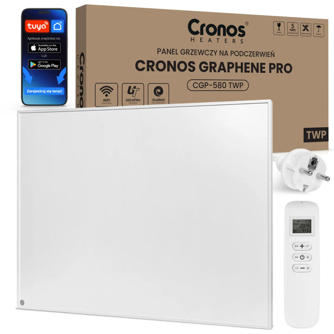 Panel grzewczy na podczerwień Cronos Graphene, moc 580W, kolor biały, ogrzeje pomieszczenie do 16m2, pilot zdalnego sterowania, PRO CGP-580TWP