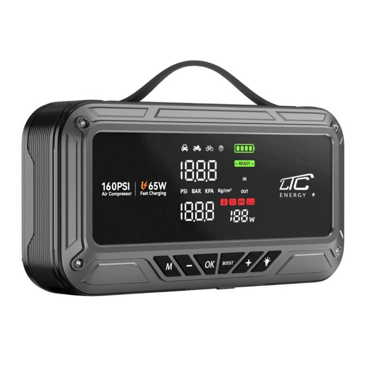 Jump Starter LTC, 12000 mAh, z kompresorem, latarką i powerbankiem, wyświetlacz LCD, moc 65W, kable i pokrowiec w zestawie, LXJS120
