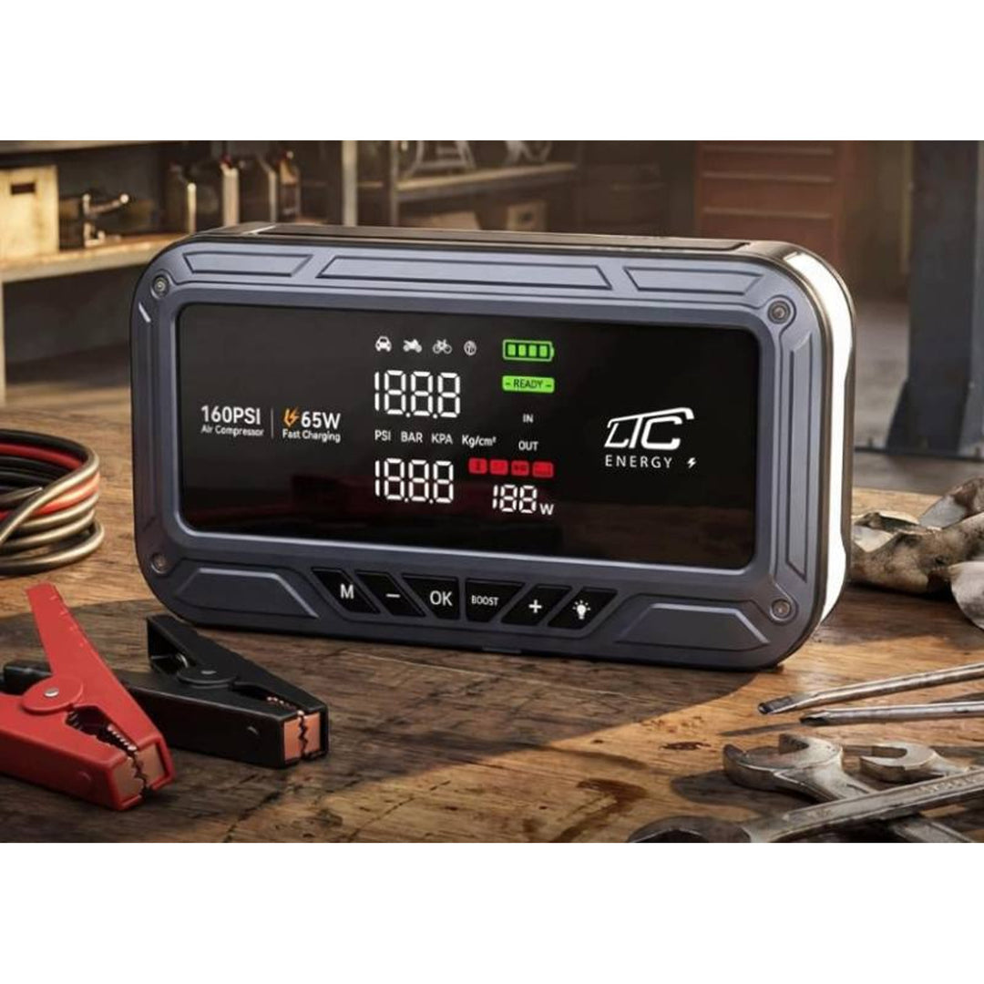 Jump Starter LTC, 12000 mAh, z kompresorem, latarką i powerbankiem, wyświetlacz LCD, moc 65W, kable i pokrowiec w zestawie, LXJS120
