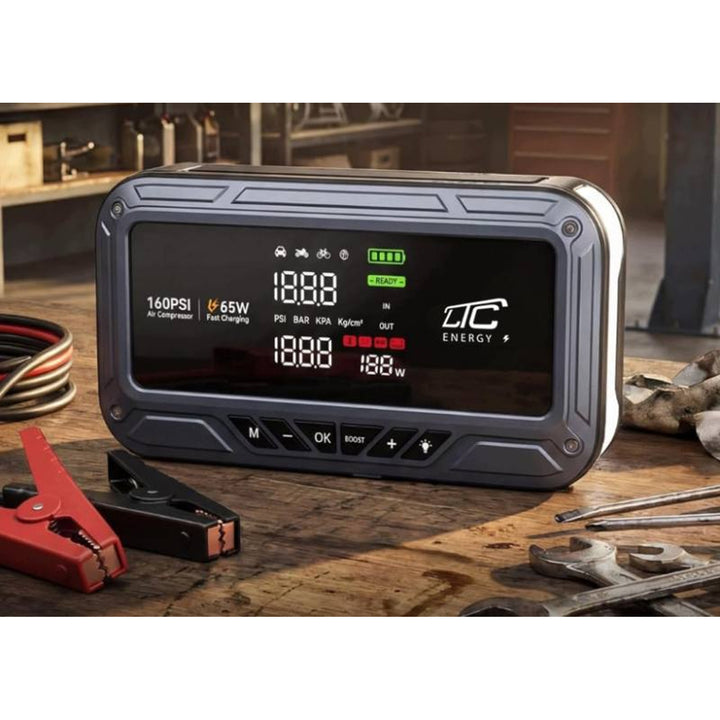 Jump Starter LTC, 12000 mAh, z kompresorem, latarką i powerbankiem, wyświetlacz LCD, moc 65W, kable i pokrowiec w zestawie, LXJS120