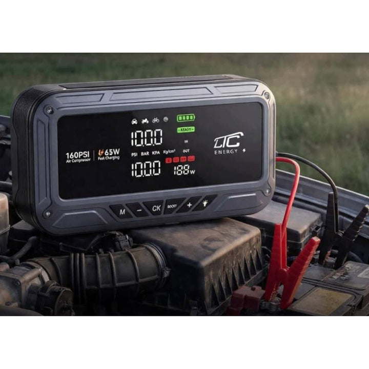 Jump Starter LTC, 12000 mAh, z kompresorem, latarką i powerbankiem, wyświetlacz LCD, moc 65W, kable i pokrowiec w zestawie, LXJS120