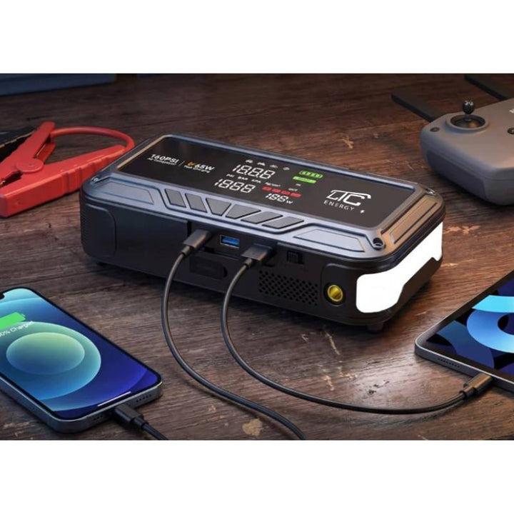 Jump Starter LTC, 12000 mAh, z kompresorem, latarką i powerbankiem, wyświetlacz LCD, moc 65W, kable i pokrowiec w zestawie, LXJS120