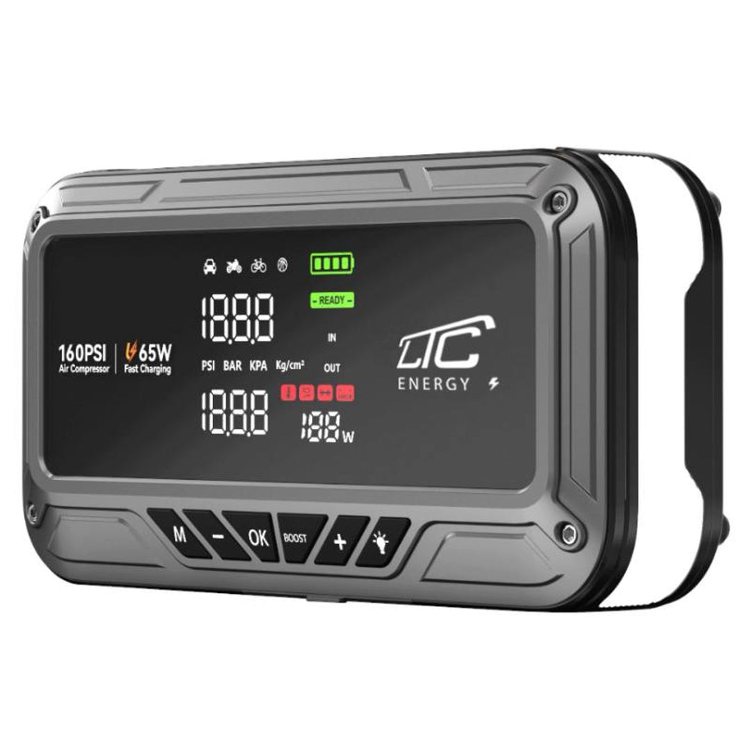 Jump Starter LTC, 12000 mAh, z kompresorem, latarką i powerbankiem, wyświetlacz LCD, moc 65W, kable i pokrowiec w zestawie, LXJS120