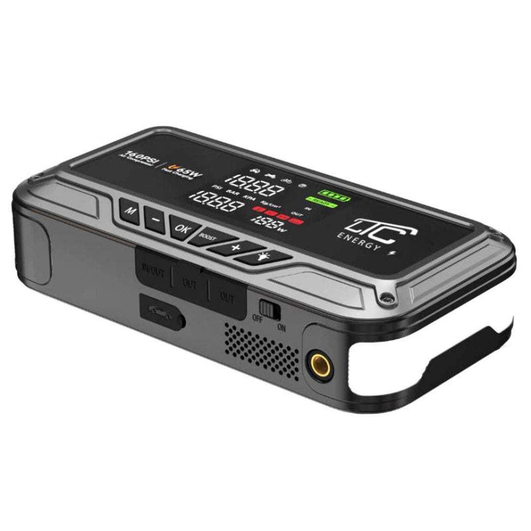 Jump Starter LTC, 12000 mAh, z kompresorem, latarką i powerbankiem, wyświetlacz LCD, moc 65W, kable i pokrowiec w zestawie, LXJS120