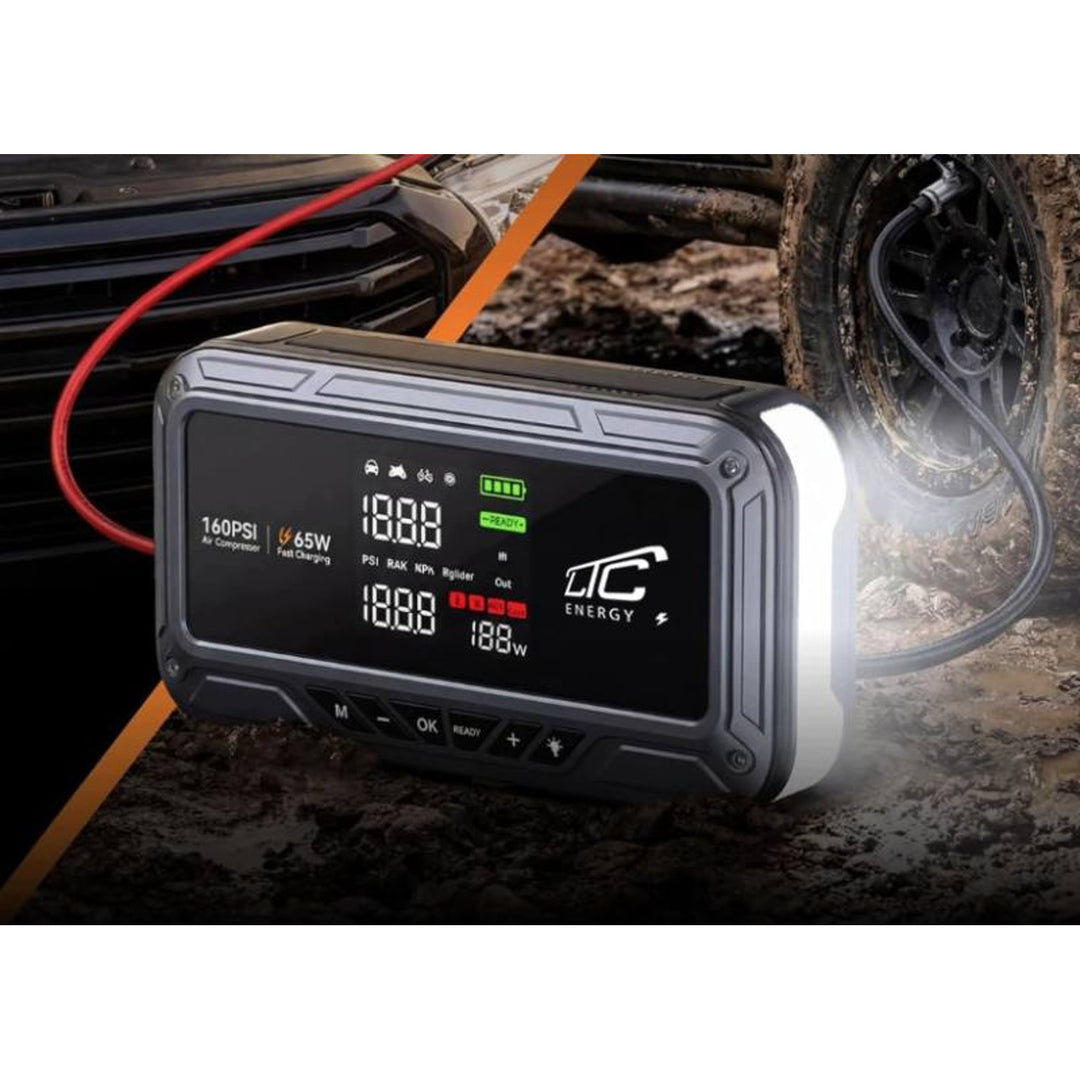 Jump Starter LTC, 12000 mAh, z kompresorem, latarką i powerbankiem, wyświetlacz LCD, moc 65W, kable i pokrowiec w zestawie, LXJS120
