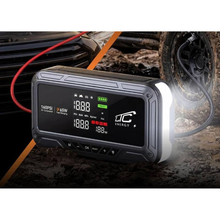 Jump Starter LTC, 12000 mAh, z kompresorem, latarką i powerbankiem, wyświetlacz LCD, moc 65W, kable i pokrowiec w zestawie, LXJS120