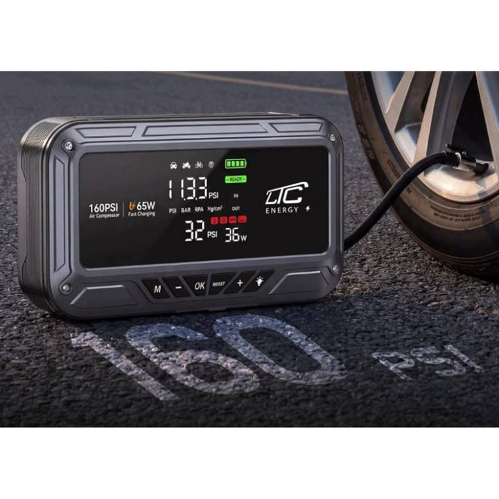 Jump Starter LTC, 12000 mAh, z kompresorem, latarką i powerbankiem, wyświetlacz LCD, moc 65W, kable i pokrowiec w zestawie, LXJS120