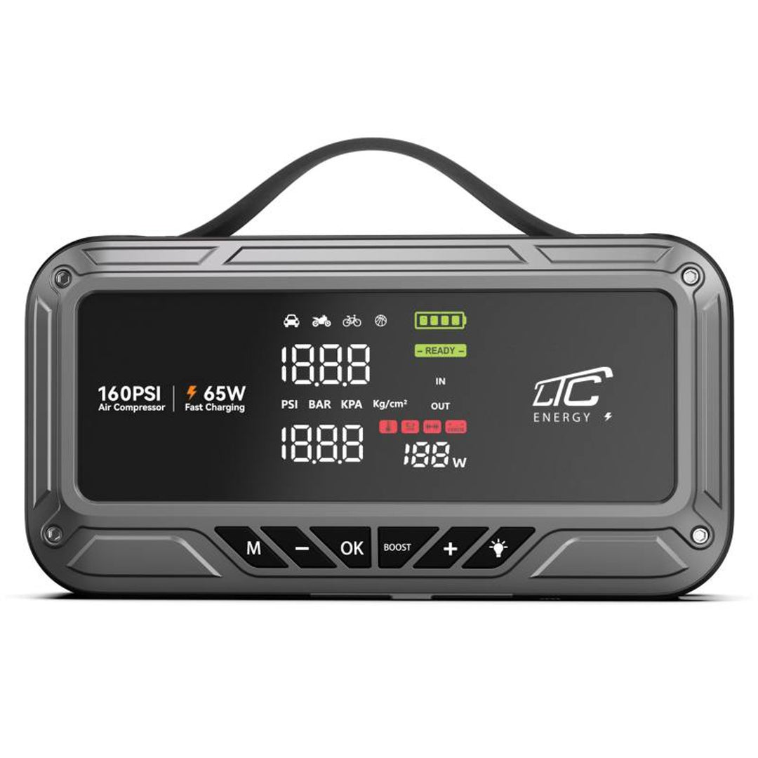 Jump Starter LTC, 12000 mAh, z kompresorem, latarką i powerbankiem, wyświetlacz LCD, moc 65W, kable i pokrowiec w zestawie, LXJS120