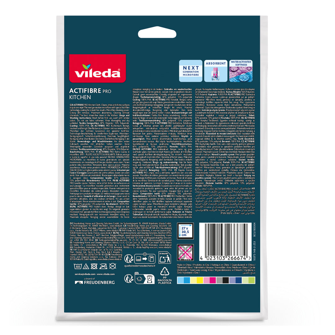 Ściereczka Vileda Actifibre Pro, kuchenna, 1 szt., z mikrofibry, powłoka PVA, możliwość prania do 60°C, 183303