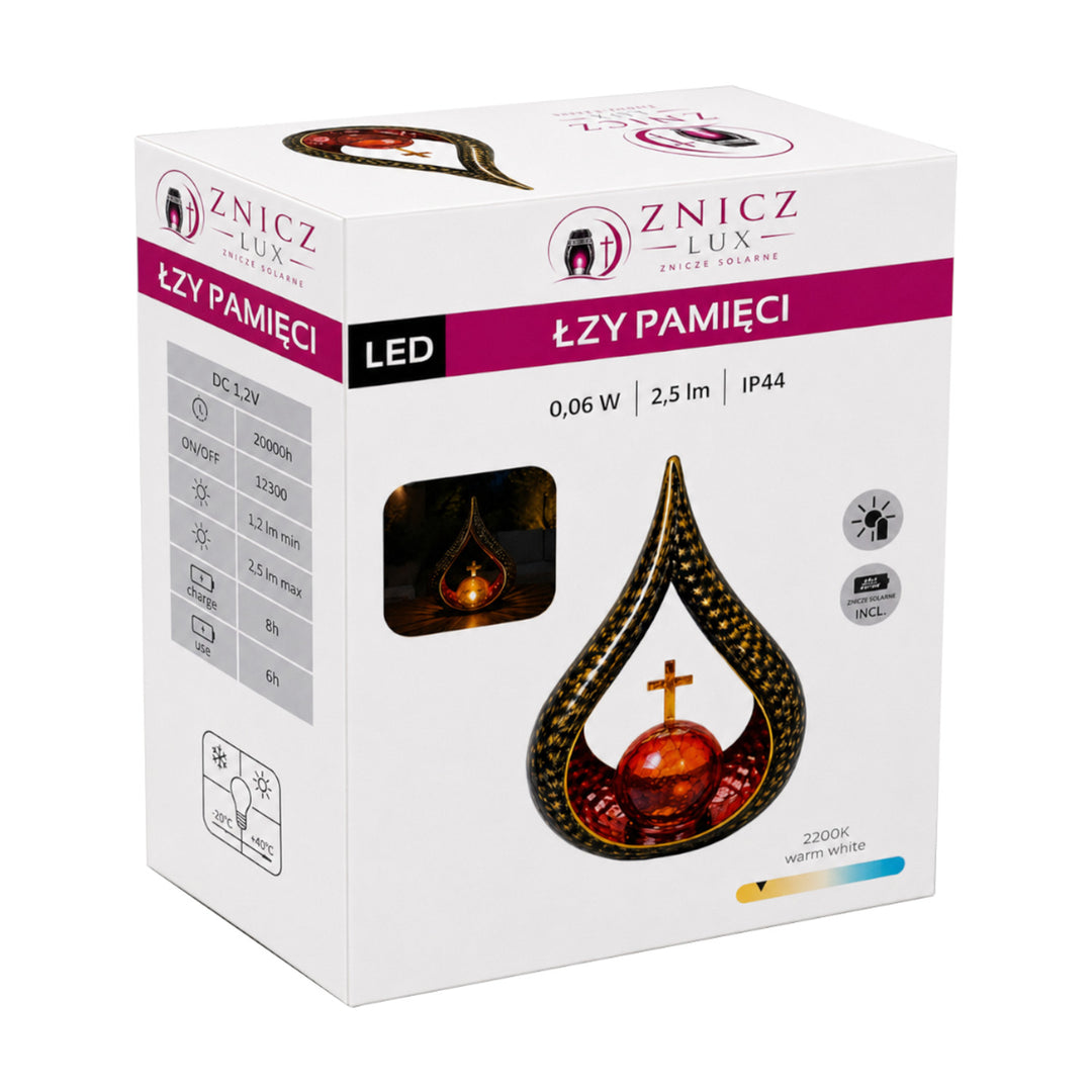 Znicz solarny, Łzy pamięci, LED 0,06W, działanie 20000h, max jasność 2,5 lm, 77200, Znicz-lux