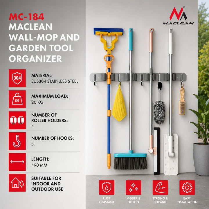 Ścienny organizer na narzędzia ogrodowe oraz mopy Maclean, stalowy, z haczykami, max. obciążenie 20kg, szerokość 49cm, MC-184, 2 sztuki