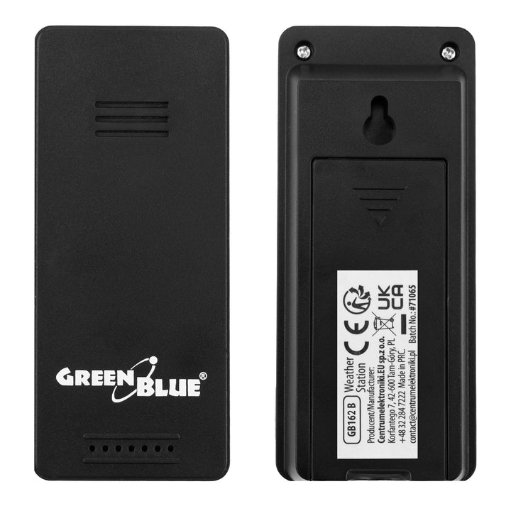 Bezprzewodowa stacja pogody GreenBlue, temperatura IN/OUT, zegar, do wyboru °C / °F, zasięg do 60m, czarna, GB162 B + 4x bateria alkaliczna AAA Varta Industrial