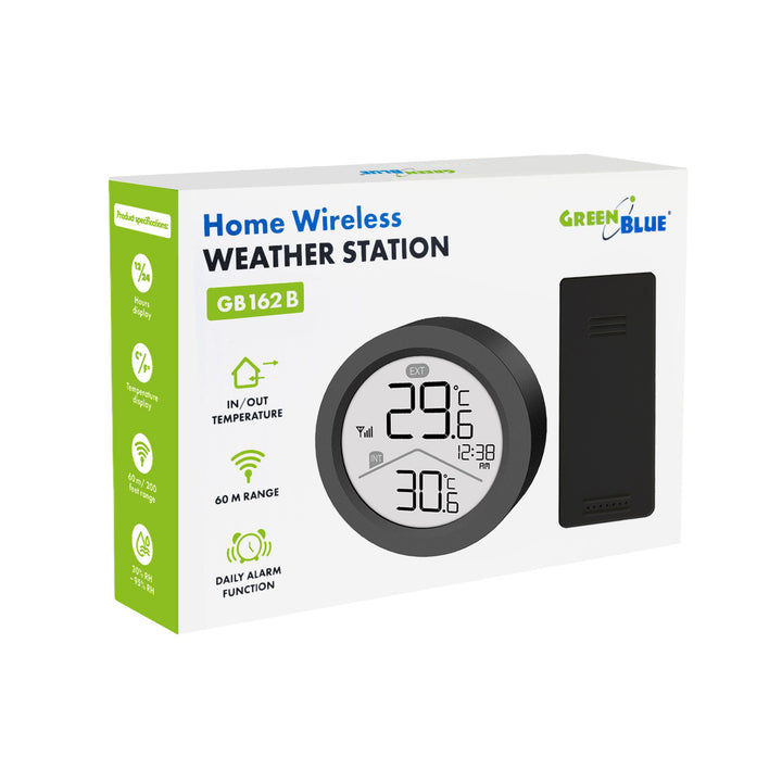 Bezprzewodowa stacja pogody GreenBlue, temperatura IN/OUT, zegar, do wyboru °C / °F, zasięg do 60m, czarna, GB162 B + 4x bateria alkaliczna AAA Varta Industrial