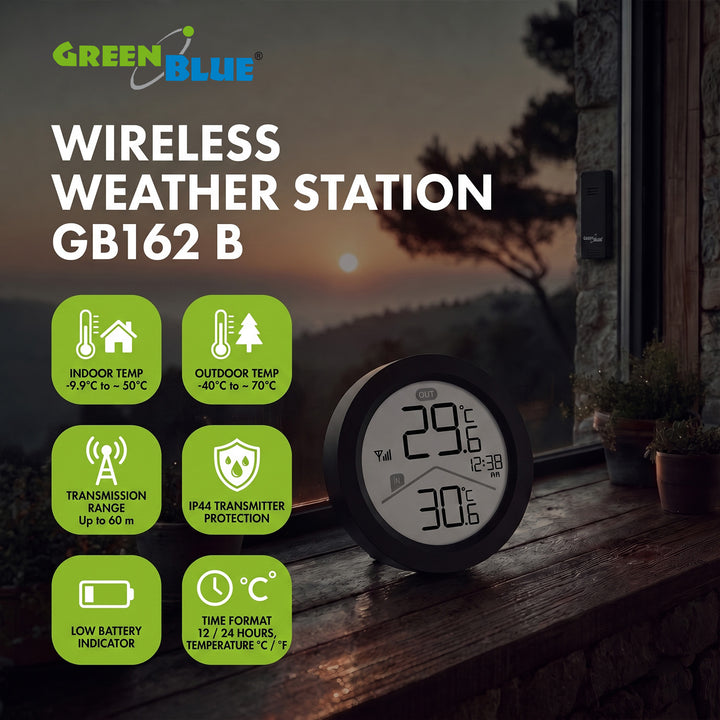 Bezprzewodowa stacja pogody GreenBlue, temperatura IN/OUT, zegar, do wyboru °C / °F, zasięg do 60m, czarna, GB162 B + 4x bateria alkaliczna AAA Varta Industrial