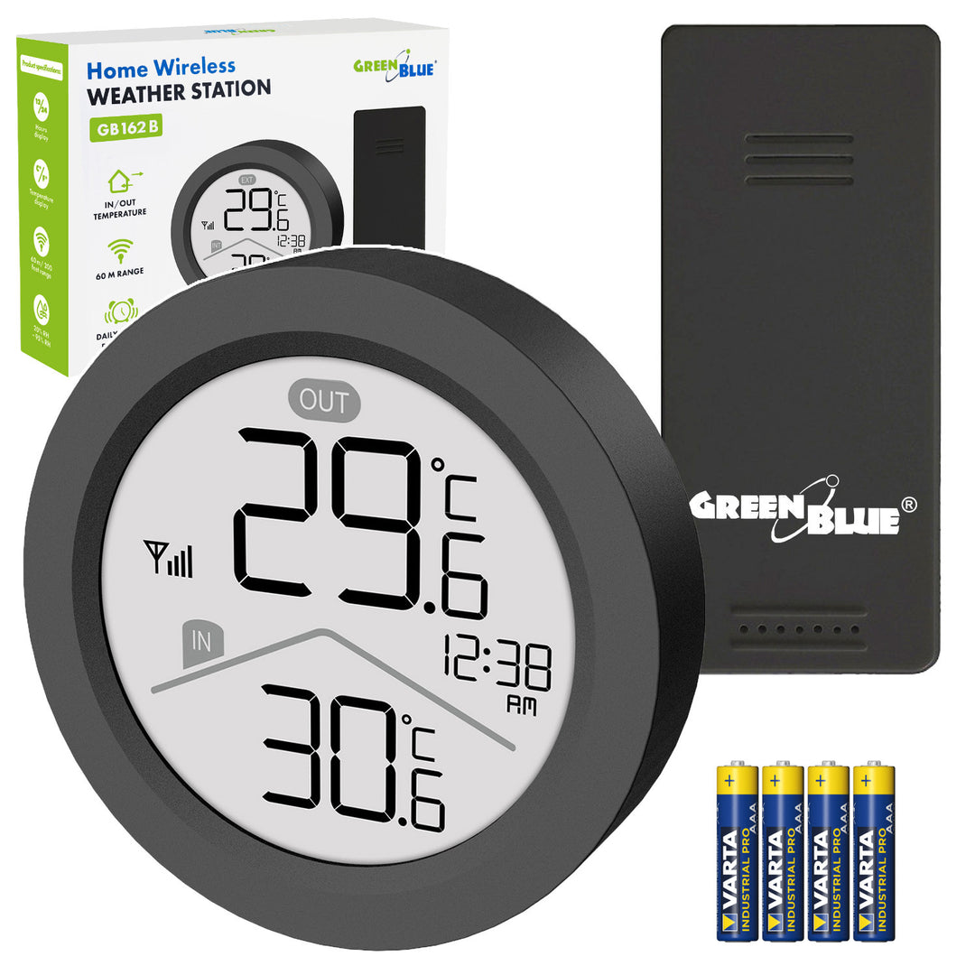 Bezprzewodowa stacja pogody GreenBlue, temperatura IN/OUT, zegar, do wyboru °C / °F, zasięg do 60m, czarna, GB162 B + 4x bateria alkaliczna AAA Varta Industrial