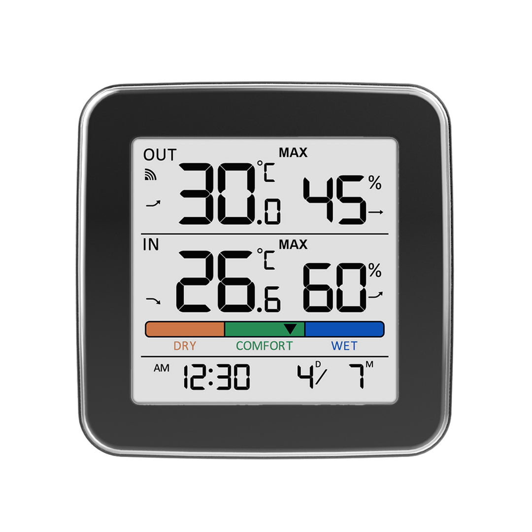 Bezprzewodowa stacja pogody GreenBlue,temperatura + wilgotność IN/OUT, zegar + alarm + data, °C / °F, do 60m, czarna, GB169 B + 4x bateria alkaliczna AAA Varta Industrial