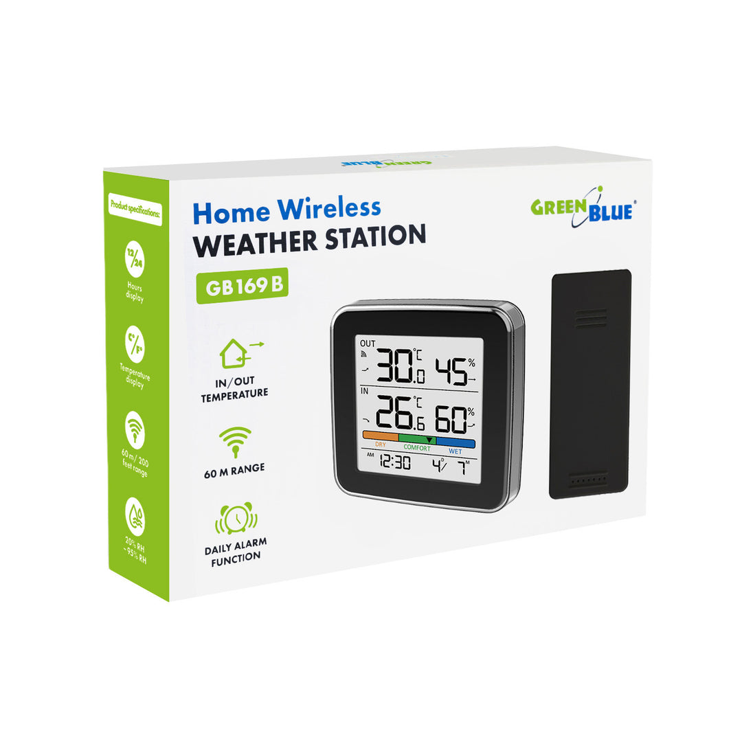 Bezprzewodowa stacja pogody GreenBlue,temperatura + wilgotność IN/OUT, zegar + alarm + data, °C / °F, do 60m, czarna, GB169 B + 4x bateria alkaliczna AAA Varta Industrial