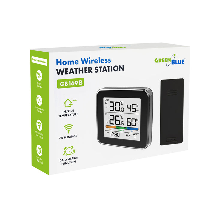 Bezprzewodowa stacja pogody GreenBlue,temperatura + wilgotność IN/OUT, zegar + alarm + data, °C / °F, do 60m, czarna, GB169 B + 4x bateria alkaliczna AAA Varta Industrial