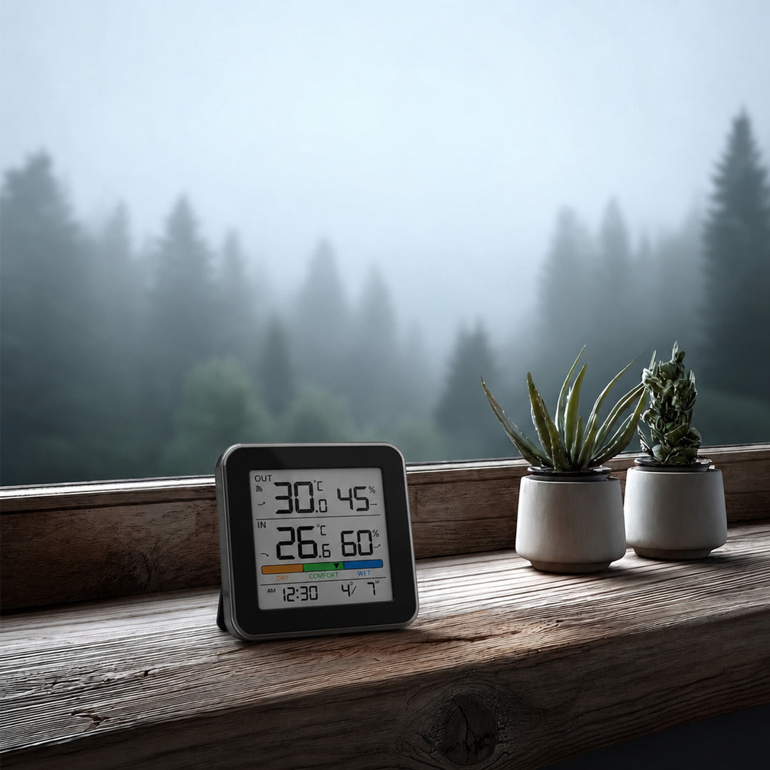 Bezprzewodowa stacja pogody GreenBlue,temperatura + wilgotność IN/OUT, zegar + alarm + data, °C / °F, do 60m, czarna, GB169 B + 4x bateria alkaliczna AAA Varta Industrial
