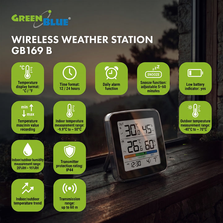 Bezprzewodowa stacja pogody GreenBlue,temperatura + wilgotność IN/OUT, zegar + alarm + data, °C / °F, do 60m, czarna, GB169 B + 4x bateria alkaliczna AAA Varta Industrial
