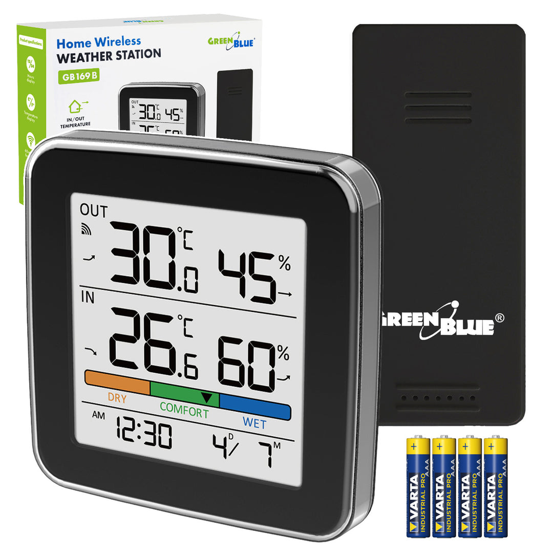 Bezprzewodowa stacja pogody GreenBlue,temperatura + wilgotność IN/OUT, zegar + alarm + data, °C / °F, do 60m, czarna, GB169 B + 4x bateria alkaliczna AAA Varta Industrial