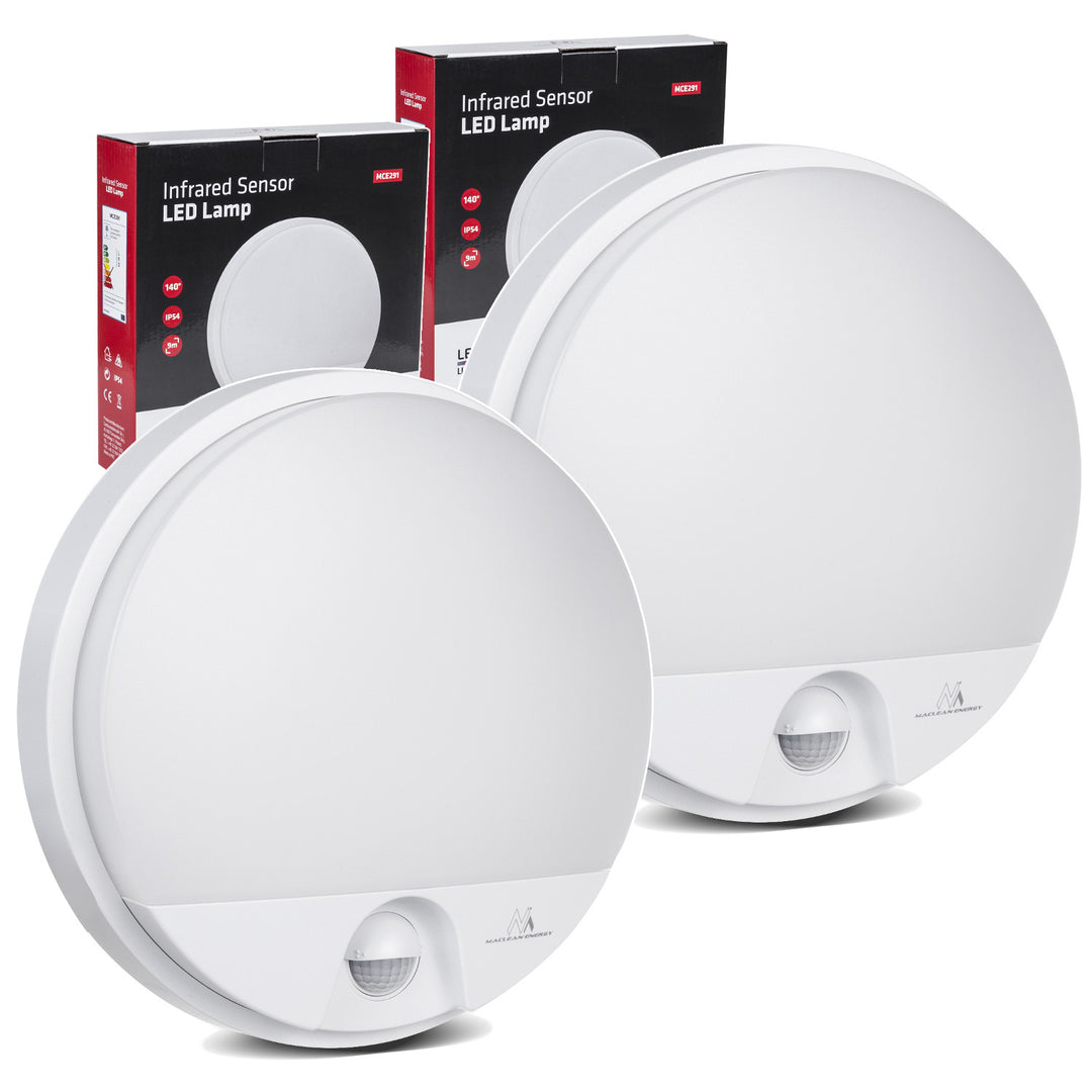 Lampa LED z czujnikiem ruchu Maclean, czujnik PIR, kolor biały, 15W, IP54, 1100lm, barwa neutralna, MCE291 W, 2 sztuki