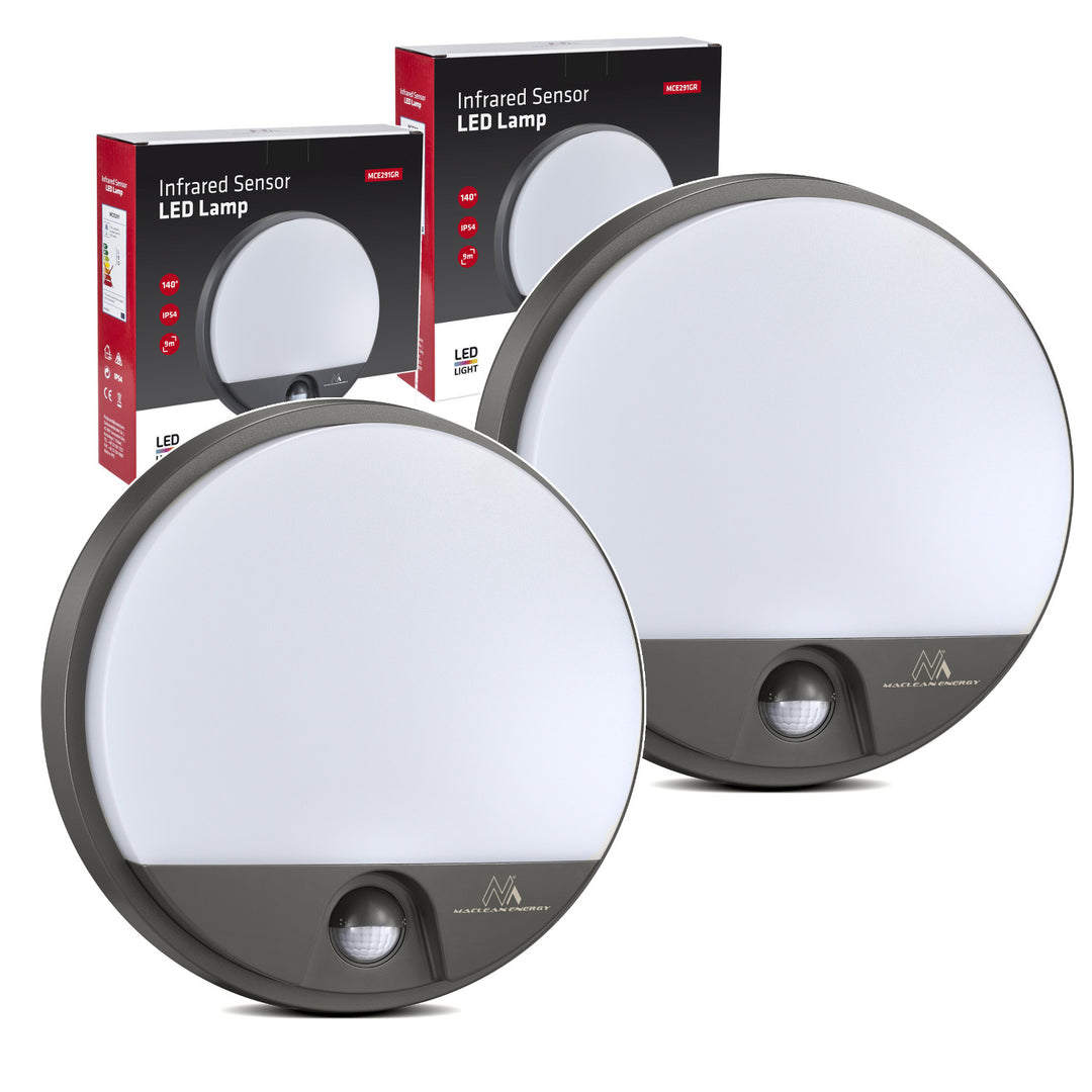 Lampa LED z czujnikiem ruchu Maclean, czujnik PIR, kolor szary, 15W, IP54, 1100lm, barwa neutralna, MCE291 W, 2 sztuki