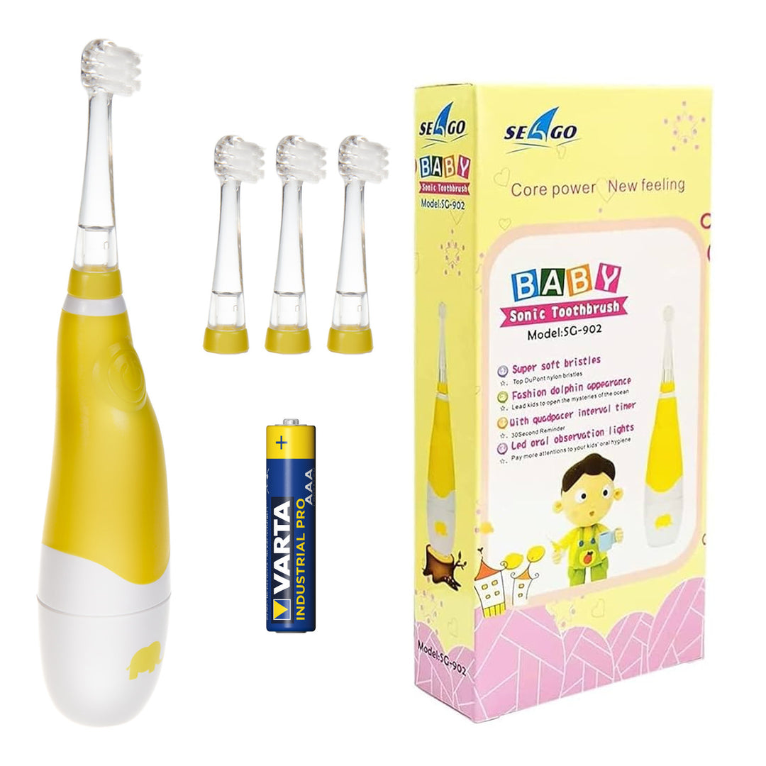 Szczoteczka soniczna dla dzieci SEAGO, kolor żółty, 4 końcówki, SG-902 Yellow + bateria alkaliczna AAA Varta Industrial