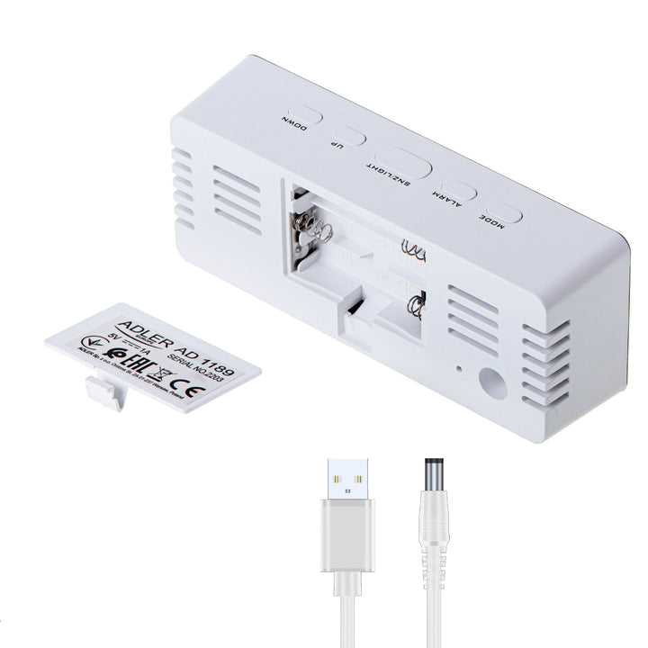 Budzik z wyświetlaczem LED i termometrem Adler AD 1189 W + 3x bateria alkaliczna AAA Varta Industrial