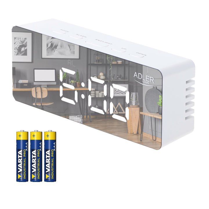 Budzik z wyświetlaczem LED i termometrem Adler AD 1189 W + 3x bateria alkaliczna AAA Varta Industrial