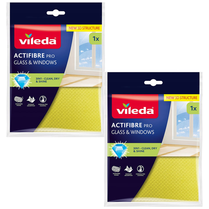 Ściereczka Vileda Actifibre Pro do szkła i okien, możliwość prania w pralce, powłoka PVA, bez smug i zacieków, czyści samą wodą, 183298, 2 sztuki