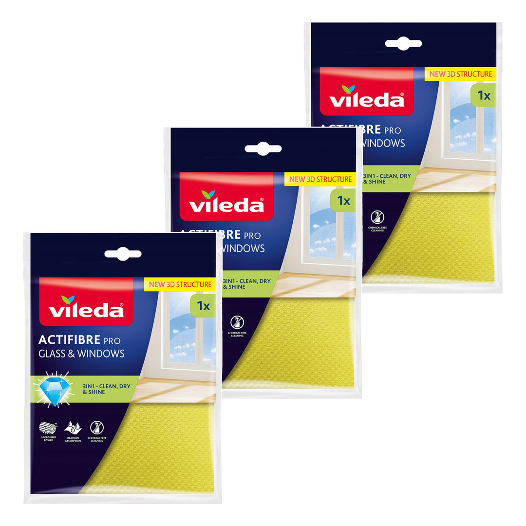Ściereczka Vileda Actifibre Pro do szkła i okien, możliwość prania w pralce, powłoka PVA, bez smug i zacieków, czyści samą wodą, 183298, 3 sztuki
