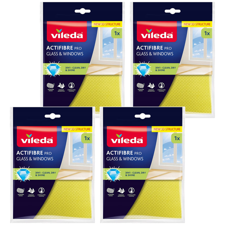 Ściereczka Vileda Actifibre Pro do szkła i okien, możliwość prania w pralce, powłoka PVA, bez smug i zacieków, czyści samą wodą, 183298, 4 sztuki