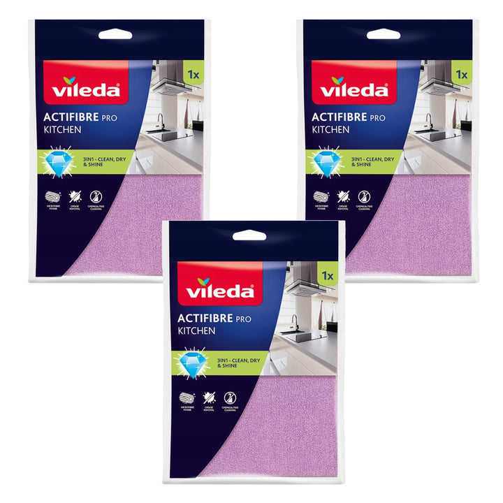 Ściereczka Vileda Actifibre Pro, kuchenna, z mikrofibry, powłoka PVA, możliwość prania do 60°C, 183303, 3 sztuki
