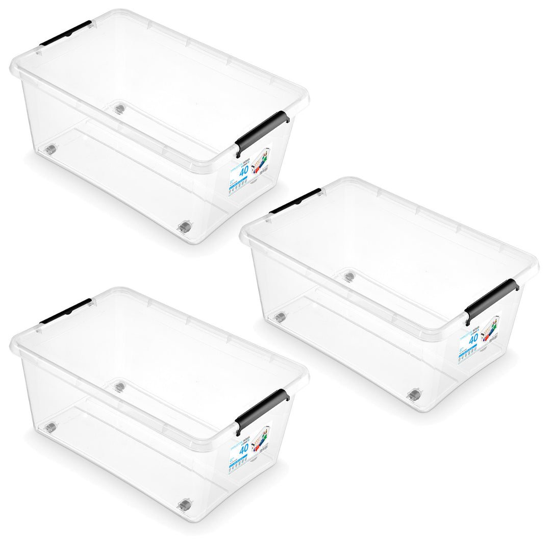 Pojemnik Moxom SimpleStore, pojemność 40L, transparentny, pokrywa na klipsy, posiada kółka, wolny od BPA, 04-0076, 3 sztuki