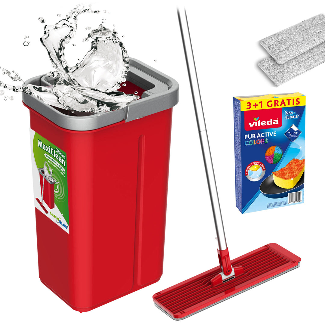 Mop płaski z wiadrem i wyciskaczem GreenBlue, dwa wkłady microfibra HQ, pojemność 5,7L, MaxiClean GB870 + 4 zmywaki Vileda Pur Active Colors