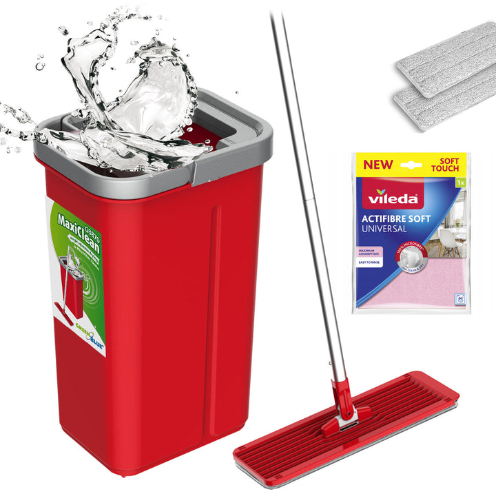 Mop płaski z wiadrem i wyciskaczem GreenBlue, dwa wkłady microfibra HQ, pojemność 5,7L, MaxiClean GB870 + ściereczka Vileda Actifibre Soft