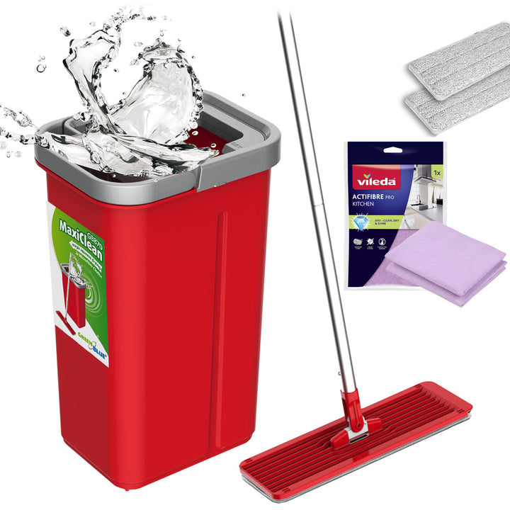 Mop płaski z wiadrem i wyciskaczem GreenBlue, dwa wkłady microfibra HQ, pojemność 5,7L, MaxiClean GB870 + ściereczka Vileda Actifibre Pro