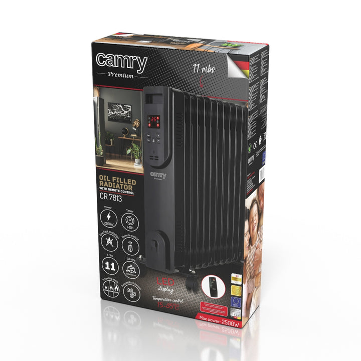 Grzejnik olejowy, 11 żeberek, 2500W, pilot, wyświetlacz LED, termostat, Camry CR 7813