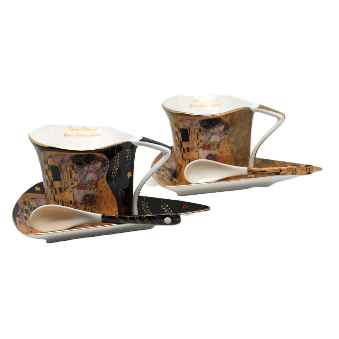 Filiżanki porcelanowe Klimt Pocałunek 2x180 ml z łyżeczkami, Queen Isabell