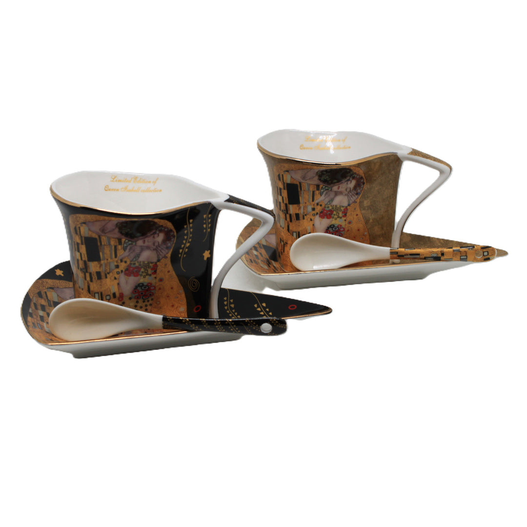 Filiżanki porcelanowe Klimt Pocałunek 2x180 ml z łyżeczkami, Queen Isabell