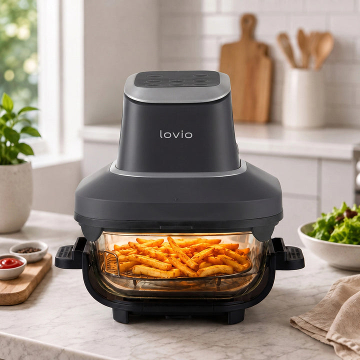 Frytkownica beztłuszczowa air fryer LOVIO PureFry Ultra Crisp LVAF003BK 4L+1,5L 1550W czarna, szklane misy