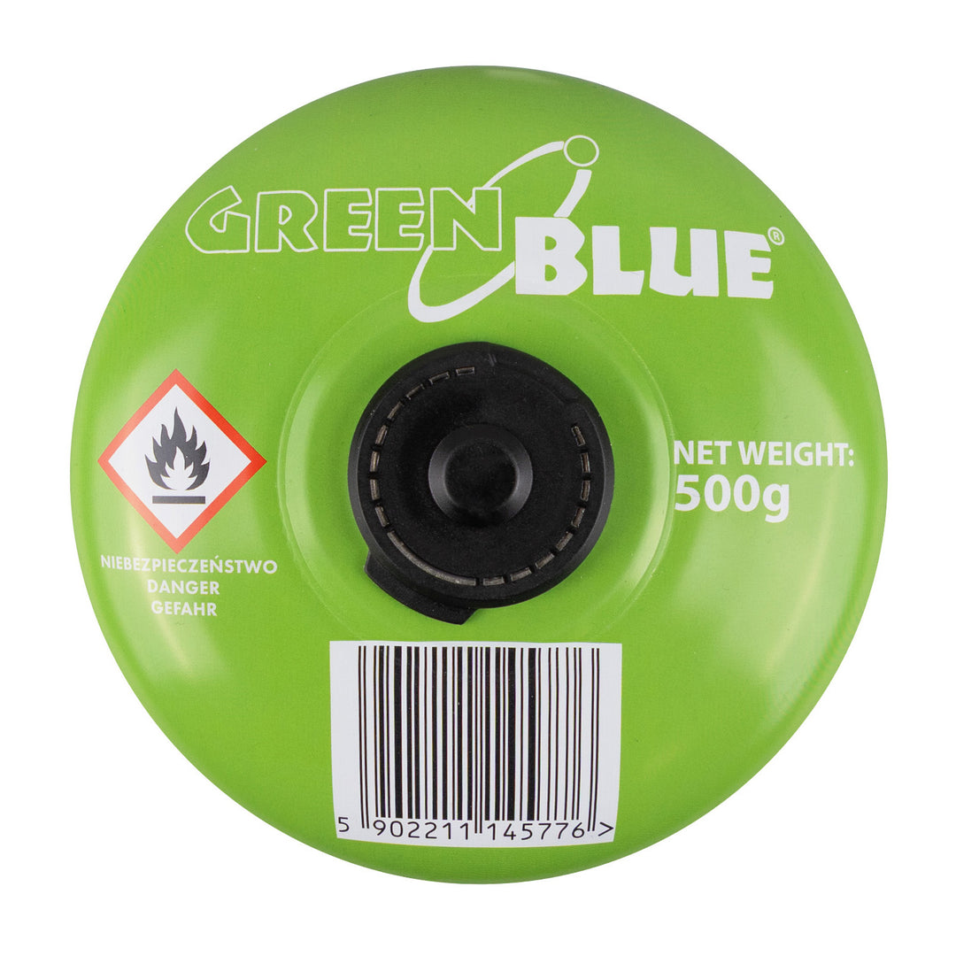 Kartusz gazowy 500g GreenBlue. certyfikat: Pi 0437, zgodny z EN417, butan-propan, zakres -10°C do+ 40°C, zawór 7/16", GB499 48 sztuk