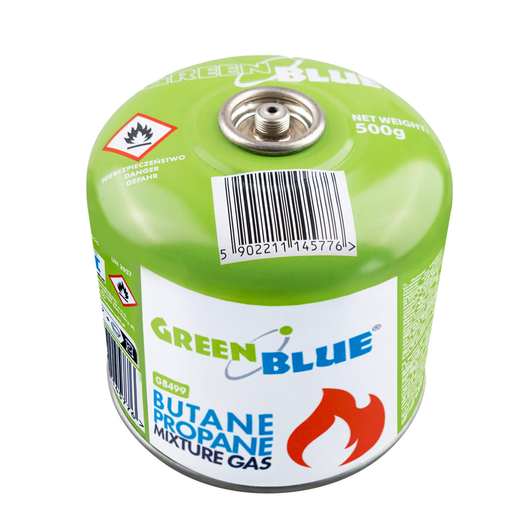 Kartusz gazowy 500g GreenBlue. certyfikat: Pi 0437, zgodny z EN417, butan-propan, zakres -10°C do+ 40°C, zawór 7/16", GB499 48 sztuk