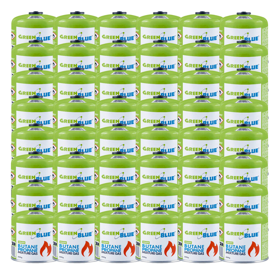 Kartusz gazowy 500g GreenBlue. certyfikat: Pi 0437, zgodny z EN417, butan-propan, zakres -10°C do+ 40°C, zawór 7/16", GB499 48 sztuk