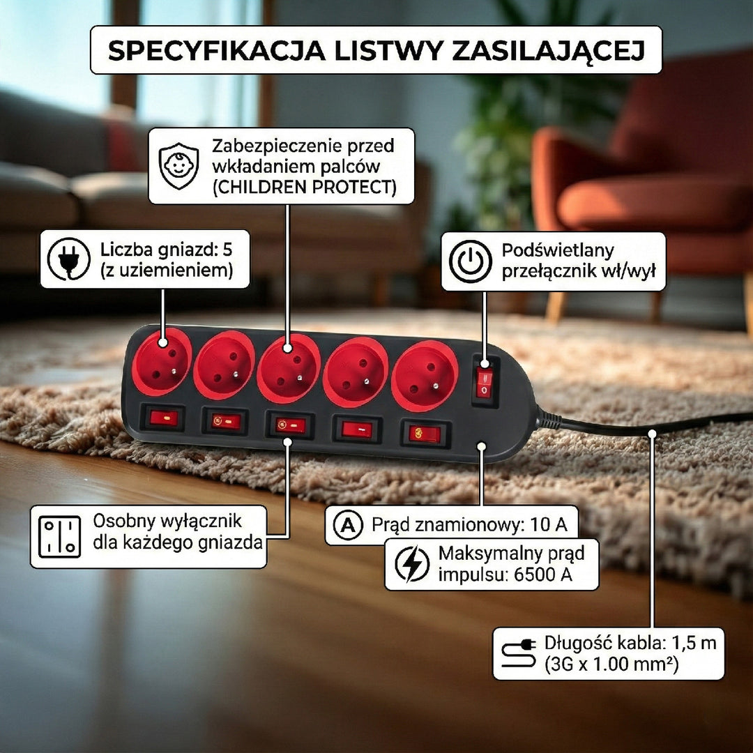 Listwa zasilająca Maclean, przedłużacz 5 gniazd, z włącznikami, 250VAC/10A, 1.5m, MCE204